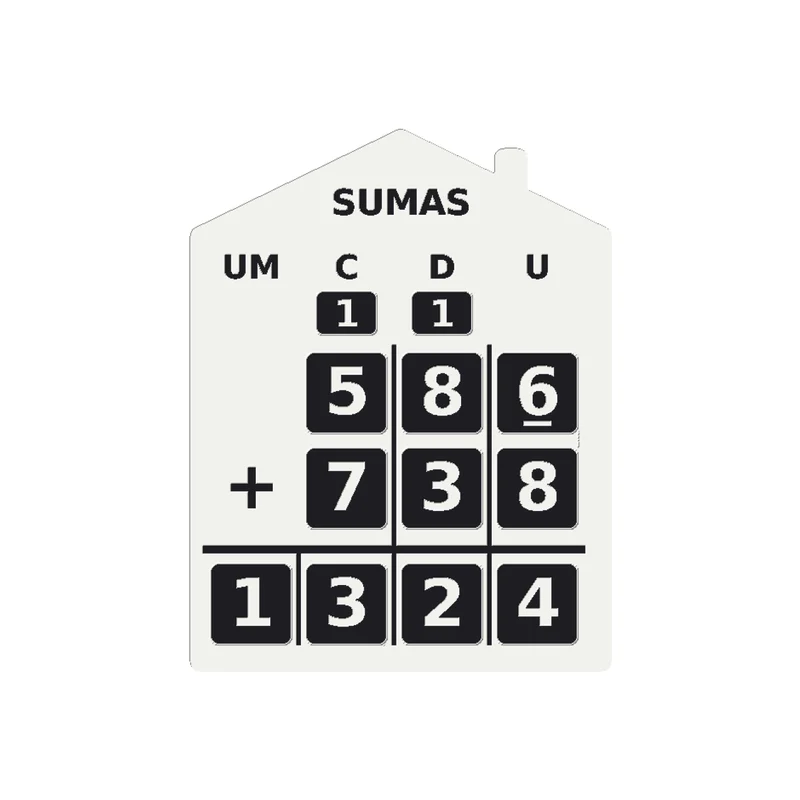 Addition house solving 586 + 738 = 1324 with tiles